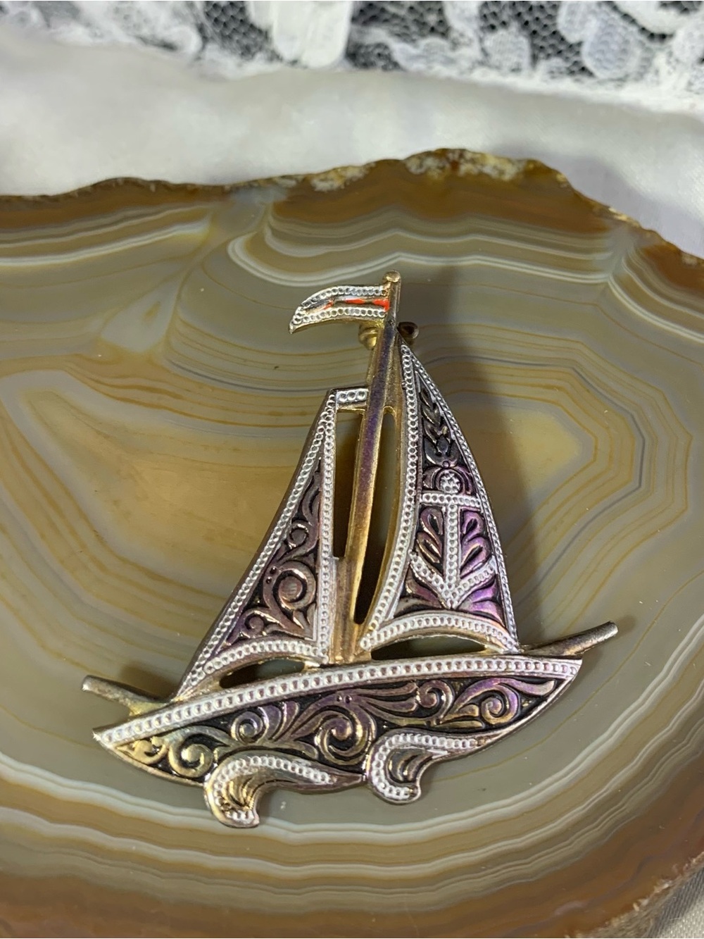 Vintage Damascene Sailboat Unique Brooch